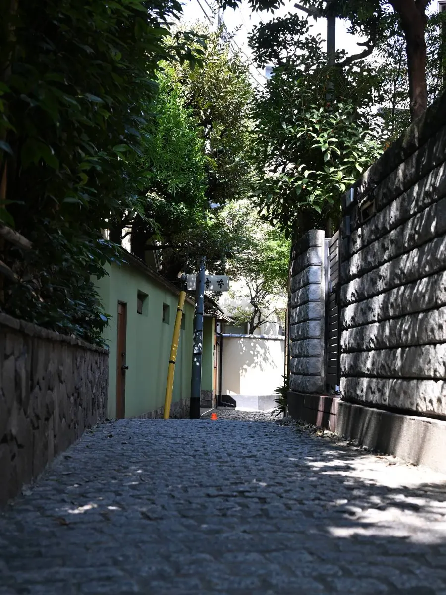 An alley lined with a stone wall and a bamboo fence