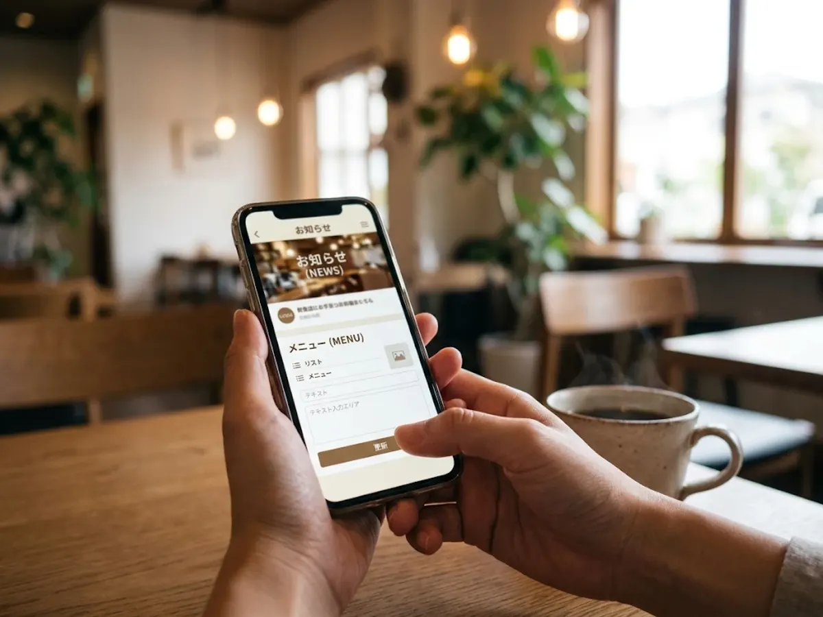Hands viewing a website's update screen on a smartphone (AI-generated image)