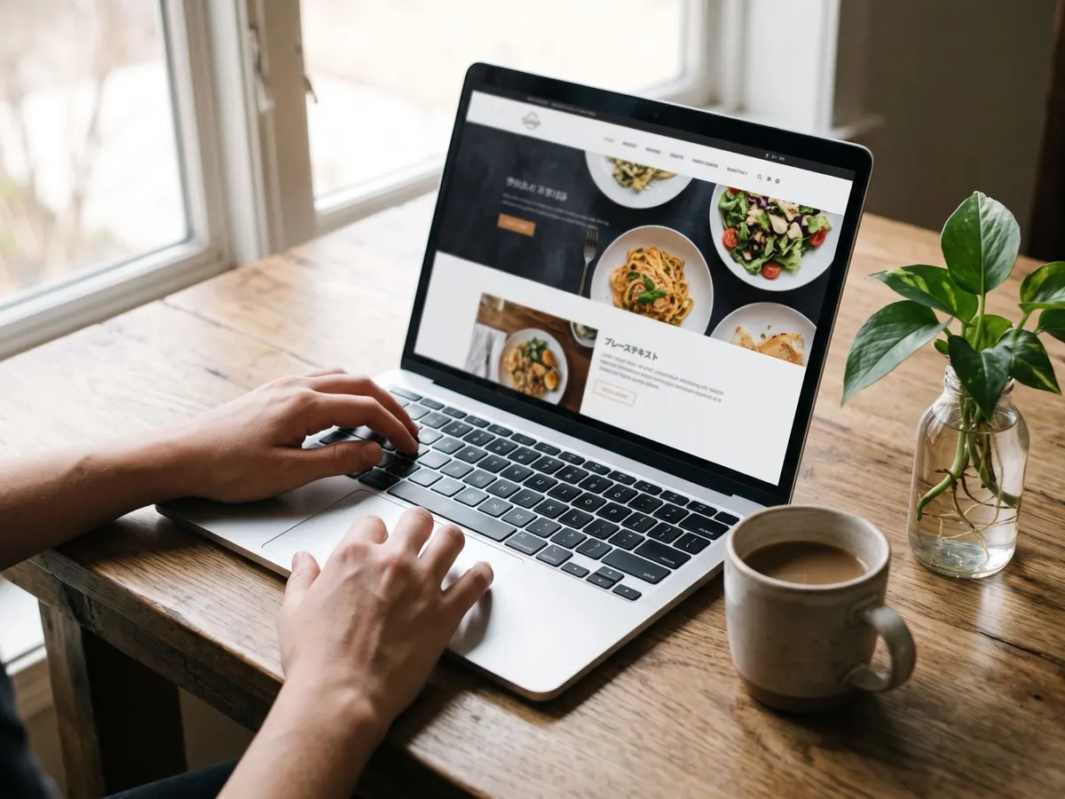 Hands building a restaurant website on a laptop (AI-generated image)